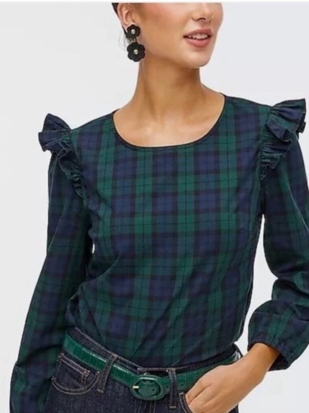 JCREW Poplin Cotton Plaid Ruffle Womens Size S